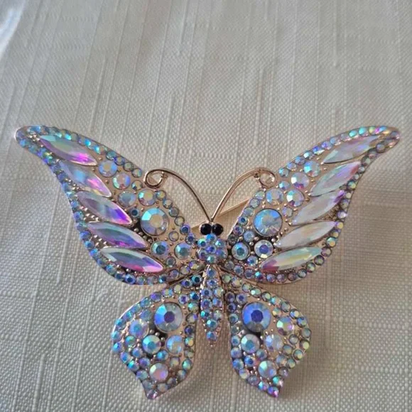 Opalescent Rhinestone Gold Butterfly Brooch with Iridescent Accents - Picture 4 of 6